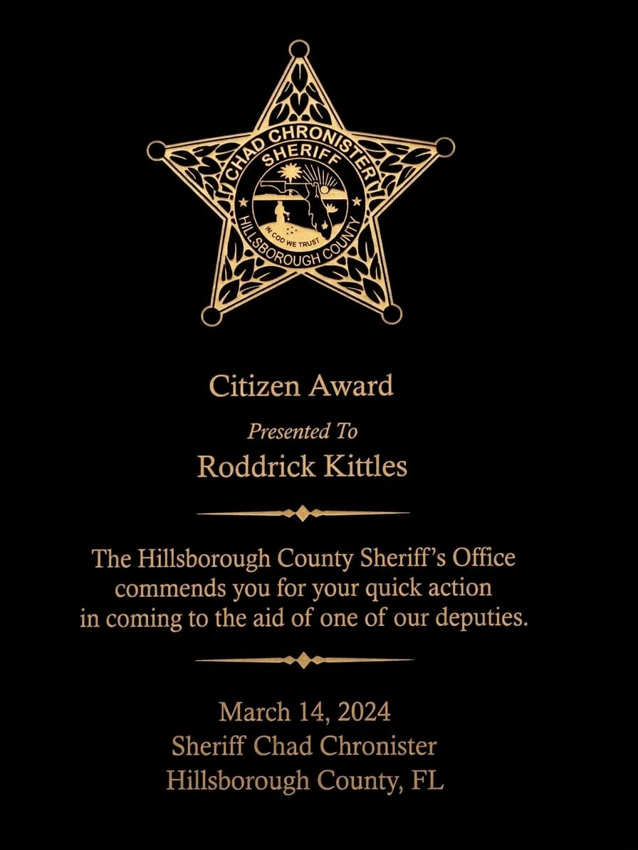 Hillsborough County Sheriff's Office Citizen Award presented to Roddrick Kittles on March 14, 2024